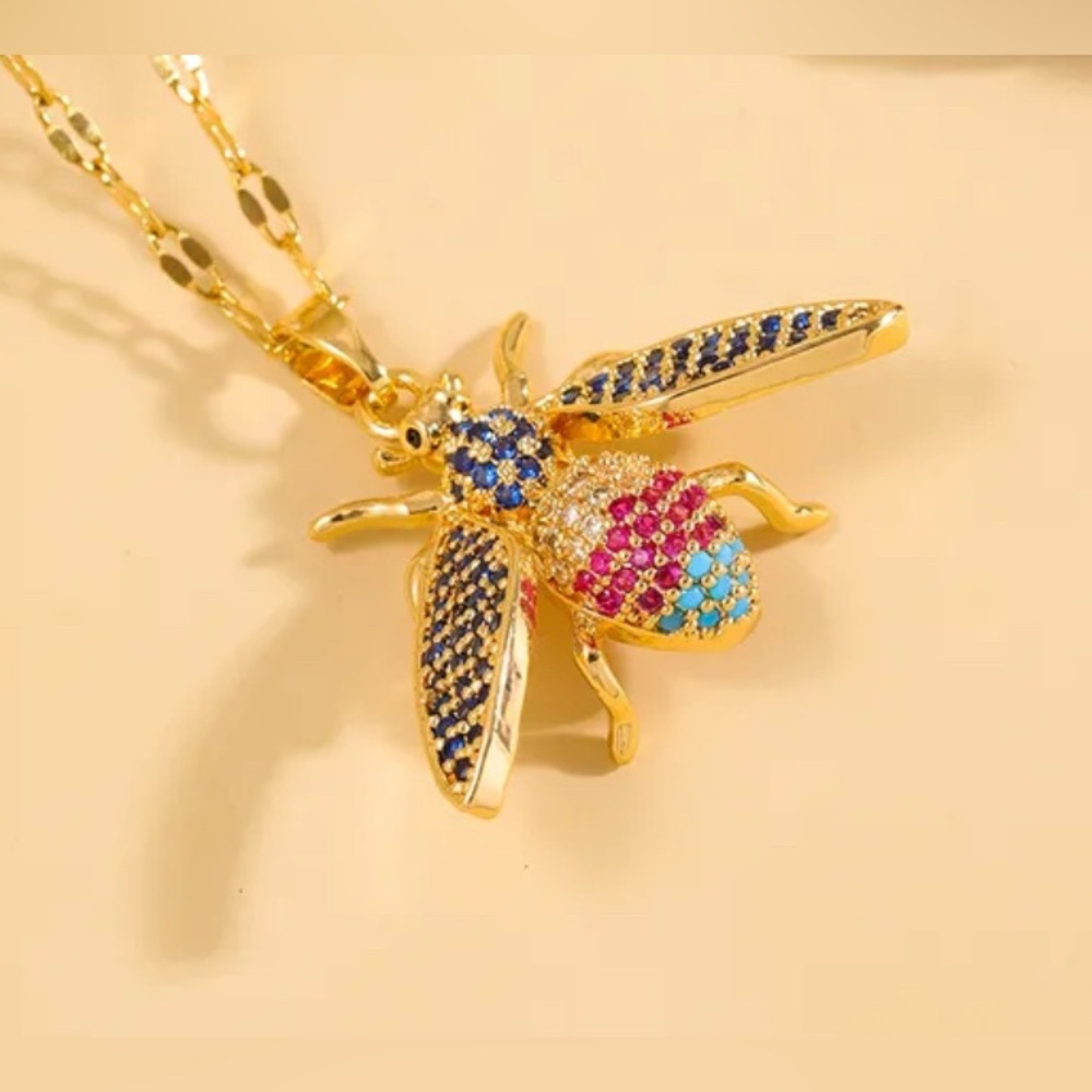 18k Gold Bumble Bee Multicolor Micro Pave Gemstone Bohemian Statement Necklace 45$